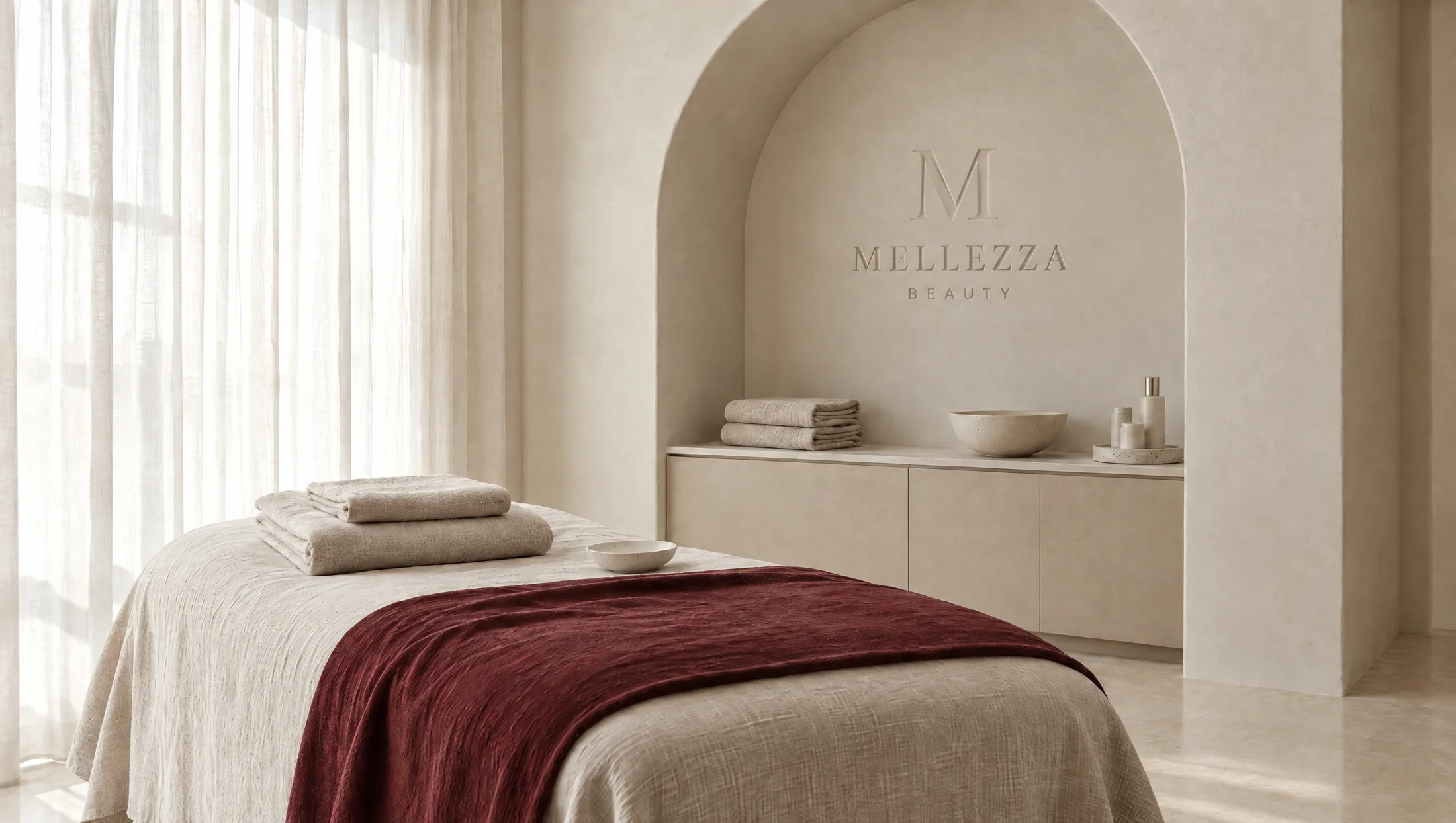 Duvarında Mellezza Beauty logosu bulunan kemerli niş ve bordo örtülü bakım yatağı